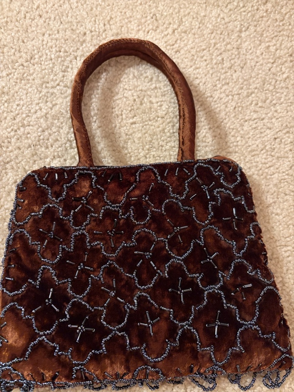 Vintage Dark Brown Velvet Evening Handbag with Blue Beaded Design and Fringe